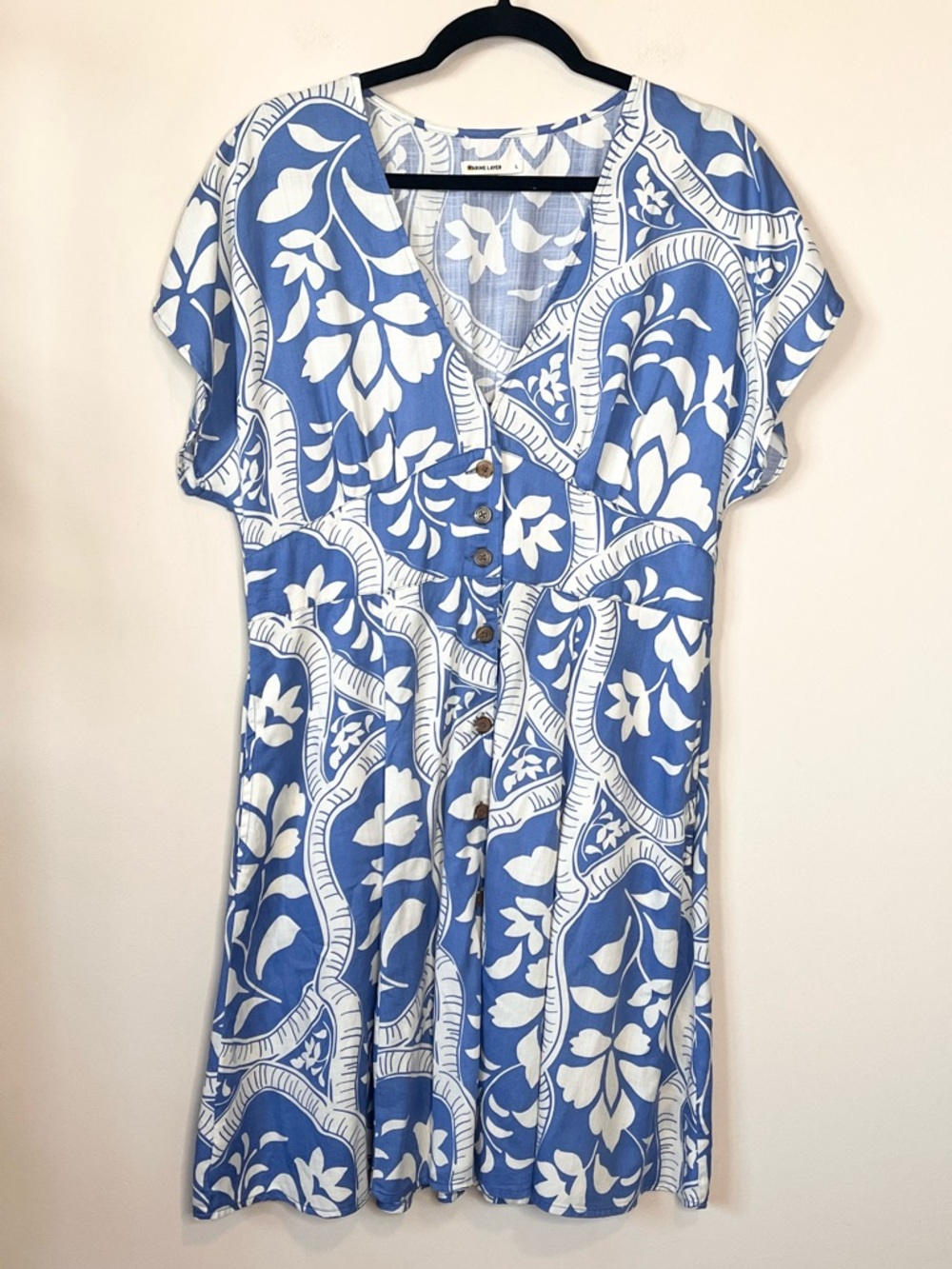 MARINE LAYER Camila Blue/White Tropical Print Button Front Mini Dress Size Large - Picture 2 of 6